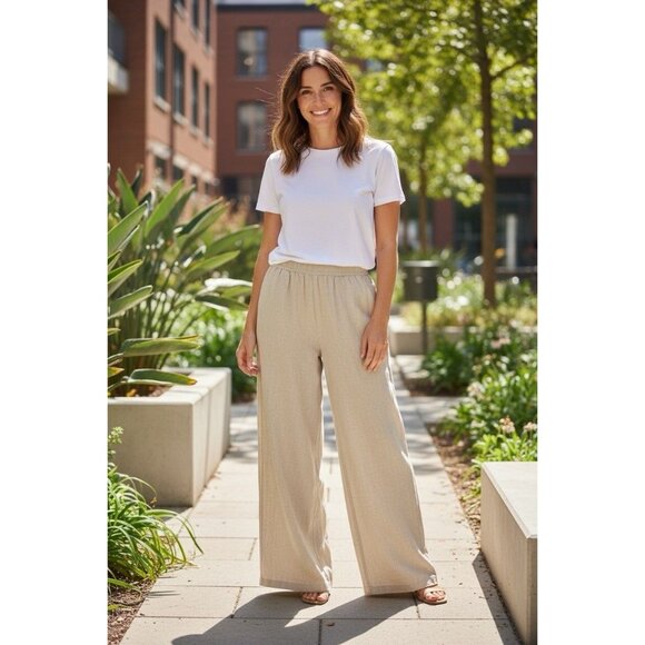 LOFT Womens M 100% Linen Wide Leg Pull On Pants Pockets Elastic Waist Beige NWT - Picture 1 of 9